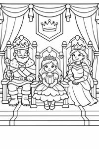 Prințesă care vorbește cu o zână magică într-o grădină lângă castel, imagine de colorat pentru copii.