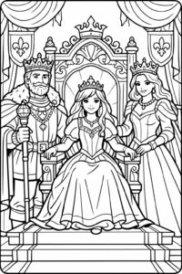 Prințesă tânără pe tron alături de rege și regină, desen de colorat regal pentru copii de imprimat.