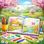 desene de colorat primăvară pentru copii, planșe de colorat cu peisaj de primăvară, flori, râu și casă, pagini de colorat de imprimat