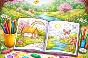 desene de colorat primăvară pentru copii, planșe de colorat cu peisaj de primăvară, flori, râu și casă, pagini de colorat de imprimat