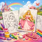 desene de colorat cu prințese pentru copii, planșe de colorat prințese de poveste cu creioane și culori, pagini de colorat de imprimat