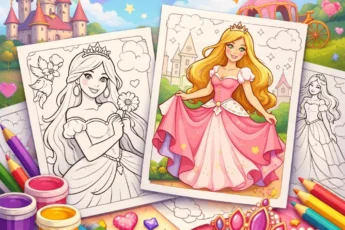 desene de colorat cu prințese pentru copii, planșe de colorat prințese de poveste cu creioane și culori, pagini de colorat de imprimat