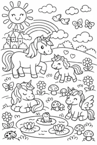 Familie veselă de unicorni într-un peisaj cu curcubeu, castel și flori, imagine de colorat pentru copii.