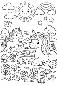 Doi unicorni jucăuși într-un peisaj de poveste cu soare, flori și lac, imagine de colorat pentru copii.