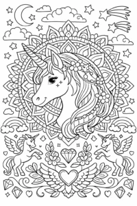 Mandala cu unicorn magic, decorată cu stele, nori și pegasi mici – o imagine de colorat detaliată potrivită pentru imprimat.