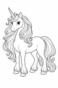 Unicorn grațios cu coamă lungă și privire blândă, imagine de colorat pentru copii care poate fi imprimată acasă.