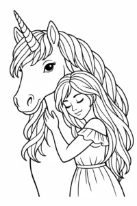 Fată care îmbrățișează un unicorn blând, o imagine de colorat delicată pentru copii, potrivită pentru imprimat acasă.