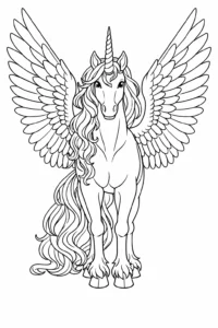 Pegas magic cu aripi larg deschise și corn de unicorn, imagine de colorat pentru copii care poate fi descărcată gratuit și imprimată.