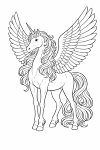 Pegas elegant cu aripi mari și coamă lungă, imagine de colorat pentru copii disponibilă gratuit pentru descărcare și imprimare.