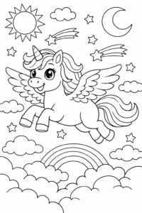 Unicorn zburător peste curcubeu, stele și nori – desen de colorat vesel pentru copii, ușor de imprimat sau descărcat gratuit.