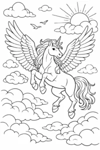 Pegas cu aripi larg deschise zburând printre nori și soare, imagine de colorat pentru copii care poate fi imprimată sau descărcată gratuit