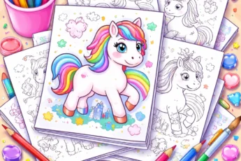Unicorn de colorat — planșă cu contur clasic, descarcă gratuit PDF A4
