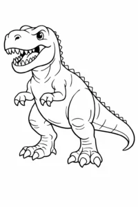 Desen de colorat cu un T-Rex prietenos și zâmbitor, imagine simplă pentru copii de imprimat.
