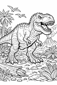 Desen de colorat cu un T-Rex într-un peisaj preistoric cu palmieri, munți și vulcan.