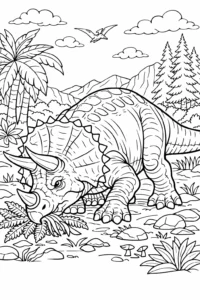 Desen de colorat cu Triceratops într-un peisaj preistoric cu palmieri și munți, fișă de colorat pentru copii de imprimat.