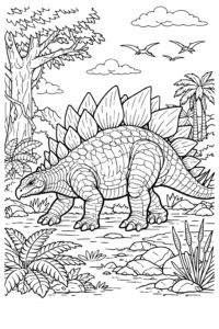 Desen de colorat cu Stegosaurus într-un peisaj preistoric cu copaci și munți, imagine detaliată pentru imprimat.