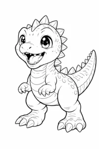 Imagine de colorat cu un pui de dinozaur drăguț și zâmbitor, perfect pentru copii.