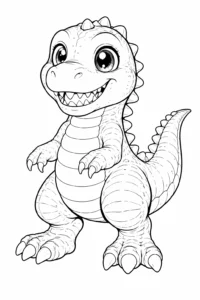 Imagine de colorat cu un dinozaur drăguț și zâmbitor, perfect pentru copii, desen simplu pentru imprimat.