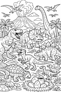 Desen de colorat cu mai multe specii de dinozauri într-un peisaj preistoric cu vulcan și palmieri.