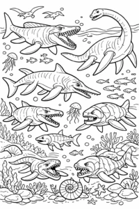 Mai multe reptile marine preistorice înotând printre pești, meduze și corali.