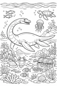 Plesiosaur înotând printre pești, meduze și corali într-un peisaj submarin preistoric.