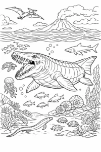 Monstru marin preistoric cu fălci uriașe înotând printre pești, meduze și fosile în ocean.