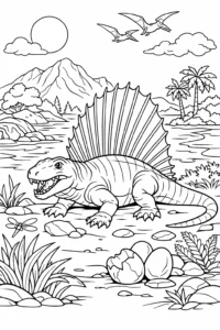Dimetrodon cu vela mare pe spate într-un peisaj preistoric cu munți și râu, desen de colorat pentru imprimat.