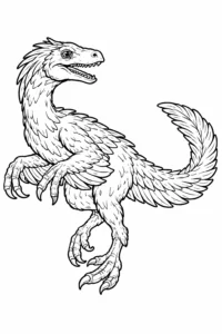 Velociraptor cu pene și gheare lungi, desen detaliat de colorat inspirat din epoca dinozaurilor.