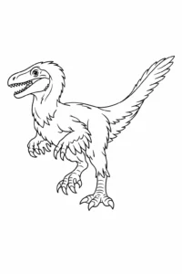 Velociraptor agil cu gheare mari și corp suplu, desen de colorat cu dinozaur pentru copii.
