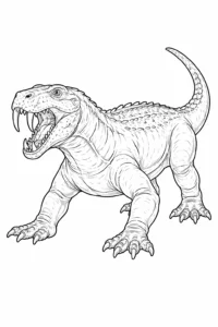 Dinozaur carnivor cu colți mari și corp puternic, imagine de colorat realistă inspirată din lumea preistorică.