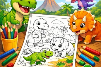 Desene de colorat cu dinozauri kawaii — T-Rex, Triceratops și Pterodactil, planșă PDF A4 pentru copii
