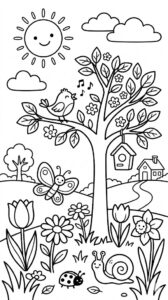 Desen de colorat cu o pasăre cântând într-un copac înflorit, fluturi și flori de primăvară.