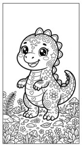 Imagine de colorat cu un dinozaur drăguț decorat cu modele și flori, fișă de colorat pentru copii.