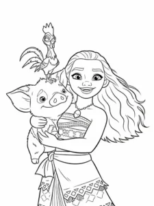 Vaiana ținând în brațe purcelușul Pua și cocoșul Hei Hei pe cap, desen de colorat pentru copii.