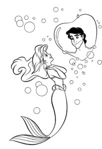 Ariel, mica sirenă, privind imaginea prințului Eric într-un balon de apă, desen de colorat.
