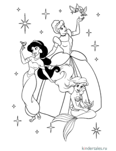Ariel și Cenușăreasa într-o scenă magică printre stele, desen de colorat pentru copii