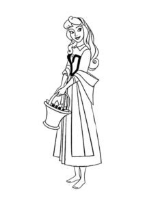 Prințesa Aurora ținând un coș cu flori, imagine de colorat delicată pentru copii de imprimat.