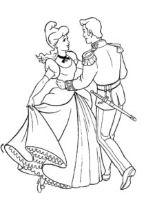 Cenușăreasa dansând cu prințul la bal în palat, desen de colorat romantic pentru copii.