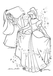 Cenușăreasa primind rochia magică de la zâna cea bună, imagine de colorat plină de magie pentru copii.