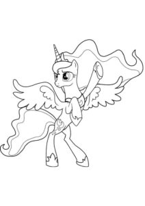 Unicorn prințesă cu aripi și coamă lungă zburând în aer, desen de colorat pentru copii disponibil gratuit pentru descărcare și imprimare.