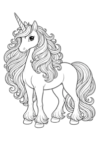 Unicorn elegant cu coamă lungă și ondulată, desen de colorat detaliat pentru copii și iubitorii de imagini fantastice.