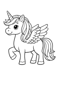 Pegas mic și simpatic cu aripi deschise, desen de colorat pentru copii care poate fi descărcat gratuit și imprimat acasă.