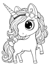 Unicorn mic cu coroniță de stele și coamă ondulată, imagine de colorat simpatică pentru copii.