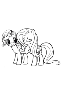 Două prietene unicorn îmbrățișate într-o scenă drăguță, desen de colorat pentru copii care poate fi descărcat și imprimat gratuit.