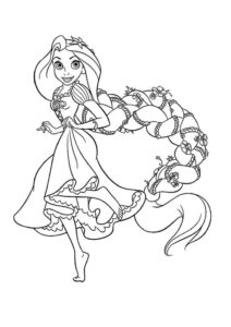 Prințesa Rapunzel alergând cu părul foarte lung împletit, desen de colorat pentru copii.
